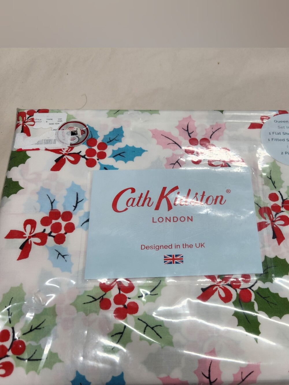 Cath Kidston London Christmas Holly 4 pc Queen Sheet Set 100% Cotton New